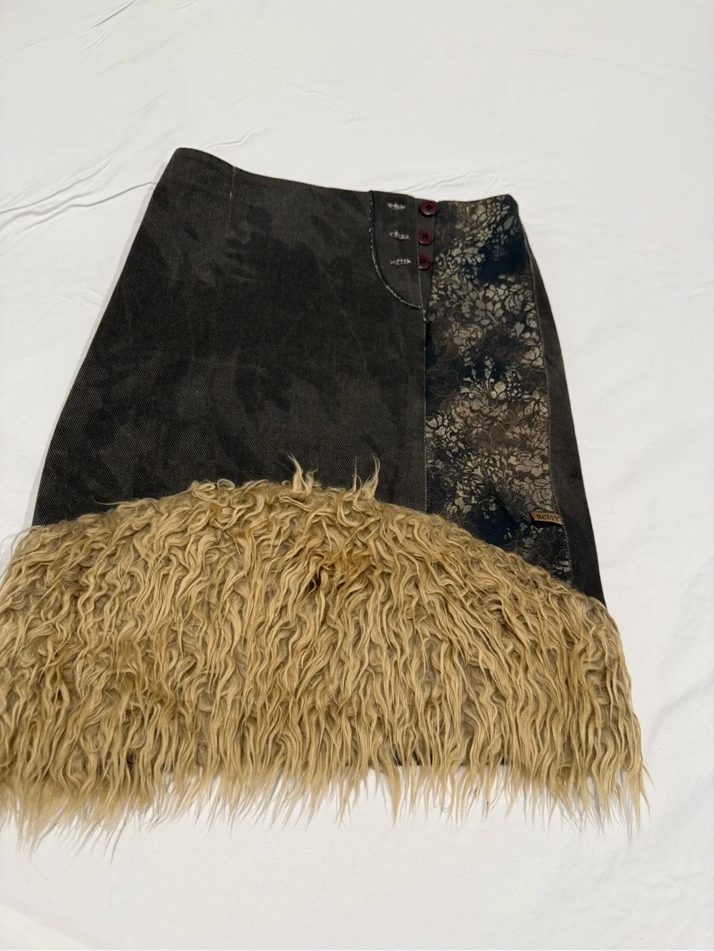Vintage Black & Tan Faux Fur Hem A-Line Skirt